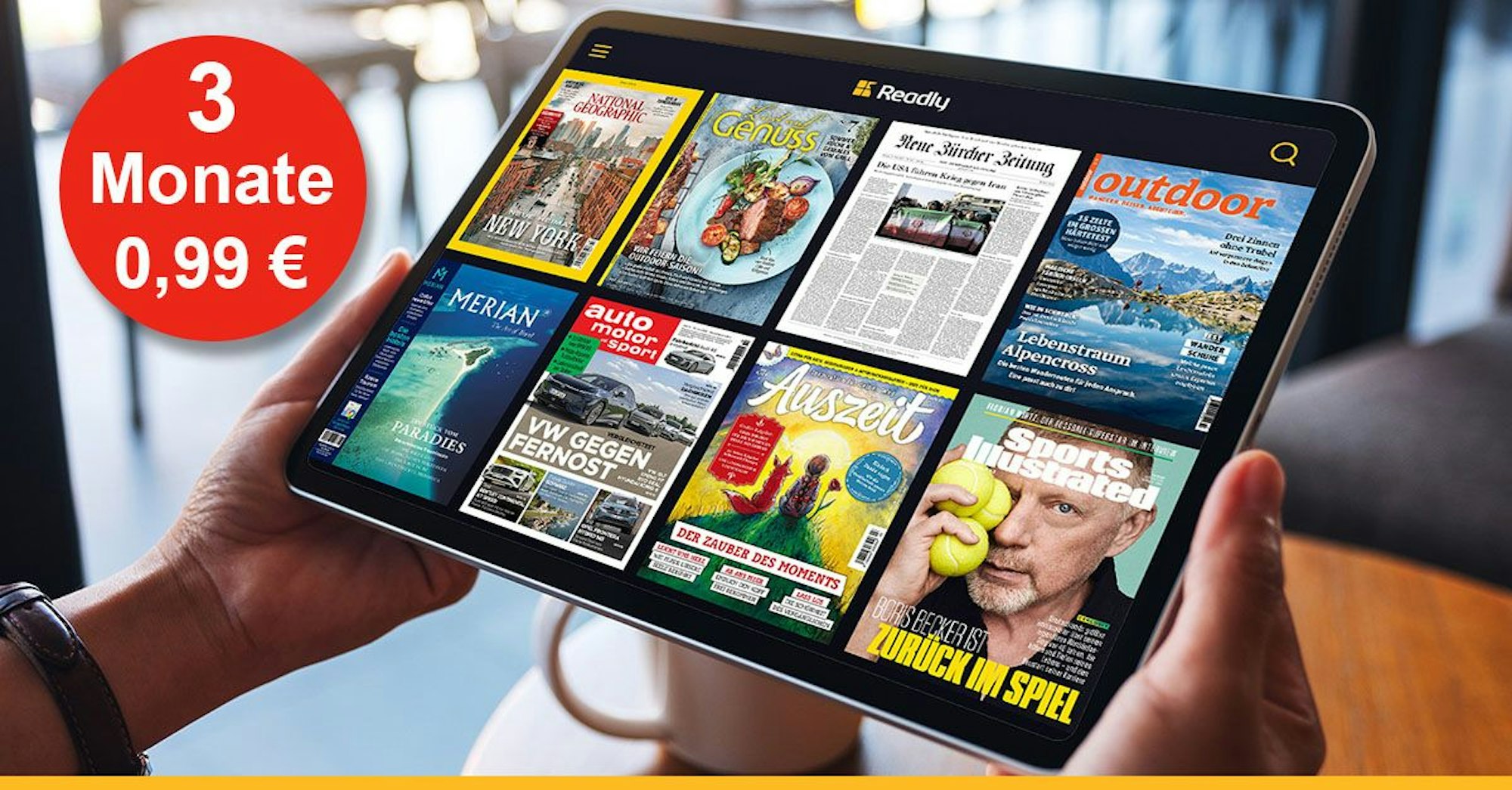 Zwei Männerhände halten ein Tablet. Darauf sieht man die Readly App mit mehreren Zeitschriften wie National Geographic, Sports Illustrated, Auto Motor Sport, Neue Zürcher Zeitung, Outdoor und mehr.