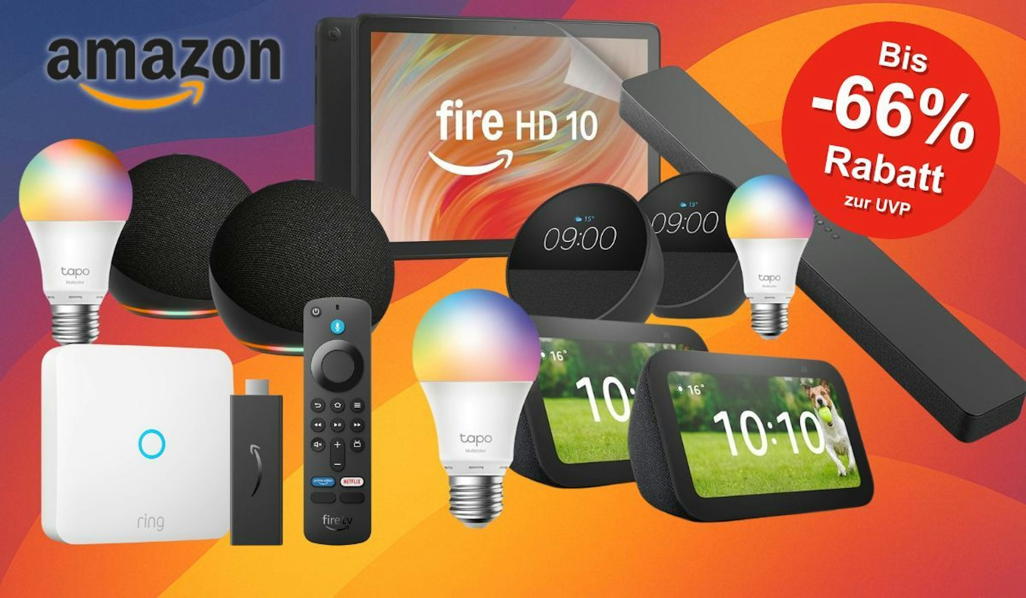 Verschiedene Amazon Geräte wie Echo Dot, Echo Spot, Echo Show, Fire Tablet, Fire TV Stick vor einem farbigen Hintergrund.