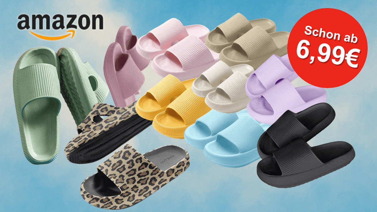 Verschiedene Puffy Schuh-Modelle sind vor einem Hintergrund mit hellen Wolken vor blauem Himmel angeordnet.