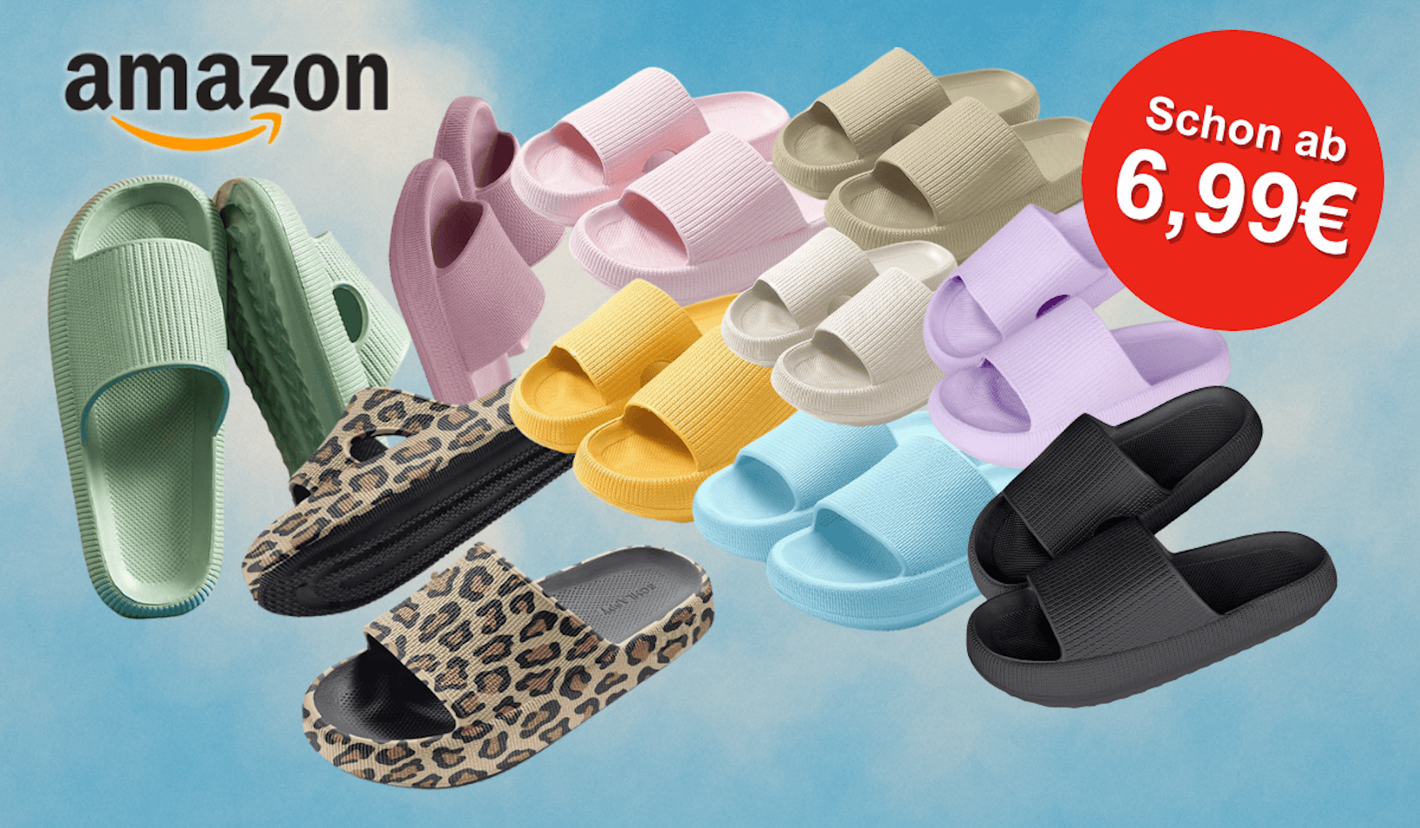 Verschiedene Puffy Schuh-Modelle sind vor einem Hintergrund mit hellen Wolken vor blauem Himmel angeordnet.