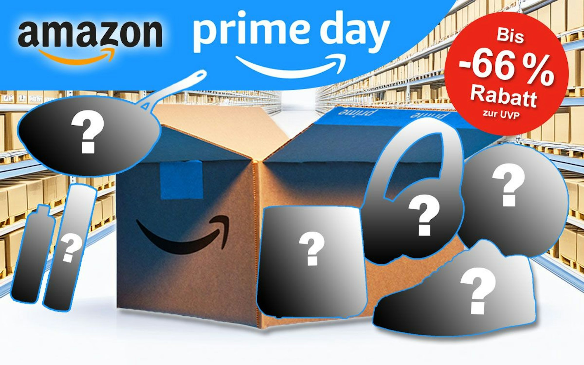Amazon Prime Paket vor einer Lagerhalle mit vielen Paketen in Regalen, davor Silhouetten von Produkten mit einem Fragezeichen darauf. Prime Day Logo mit im Bild.