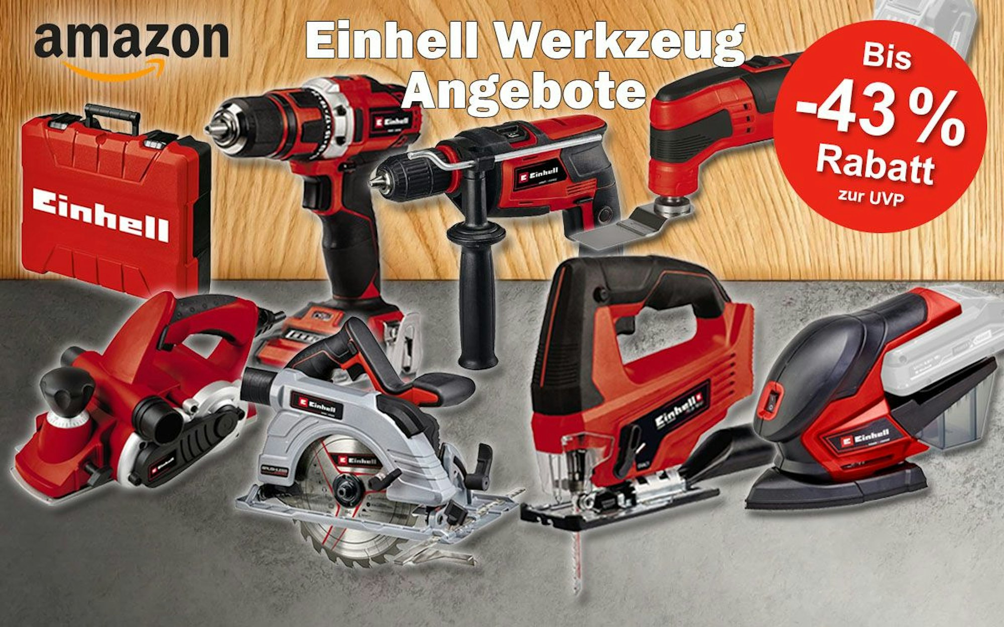 Einhell Werkzeug vor einem Hintergrund aus Holz und Stein. Akku Bohrschrauber, Stichsäge, Winkelschleifer, Kreissäge, Elektrohobel, Multifunktionswerkzeug, Werkzeugkoffer.