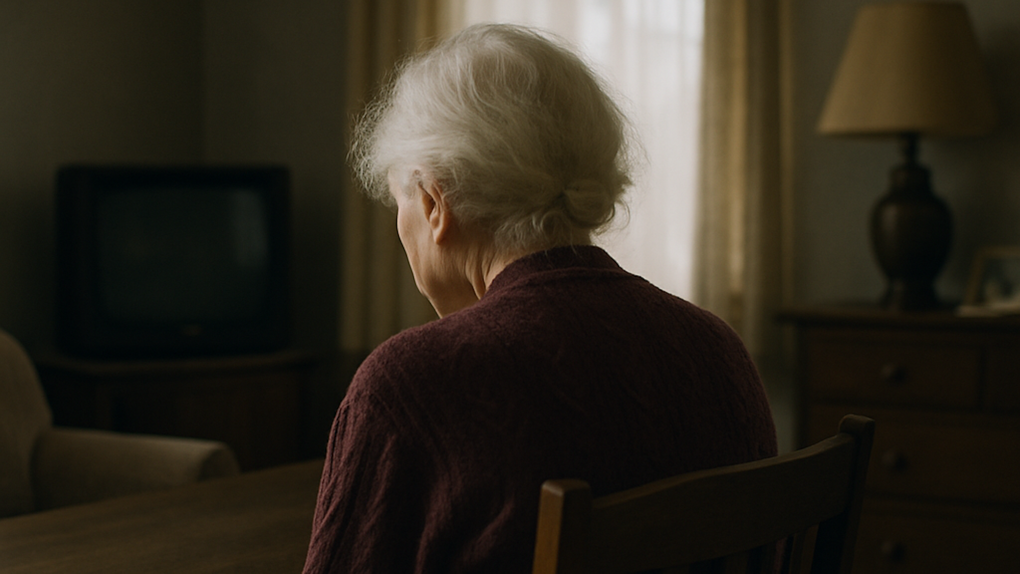 Eine Seniorin sitzt einsam in ihrem Haus