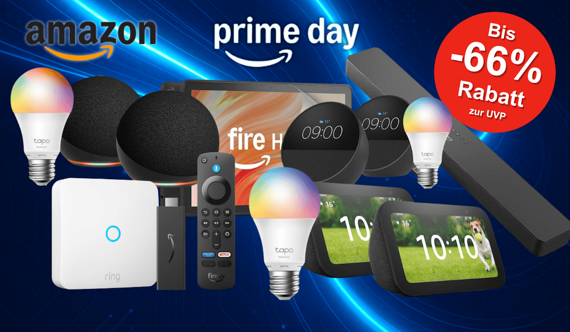 Verschiedene Amazon Geräte sind vor eine dunkelblauen Hintergrund mit Lichteffekten angeordnet.