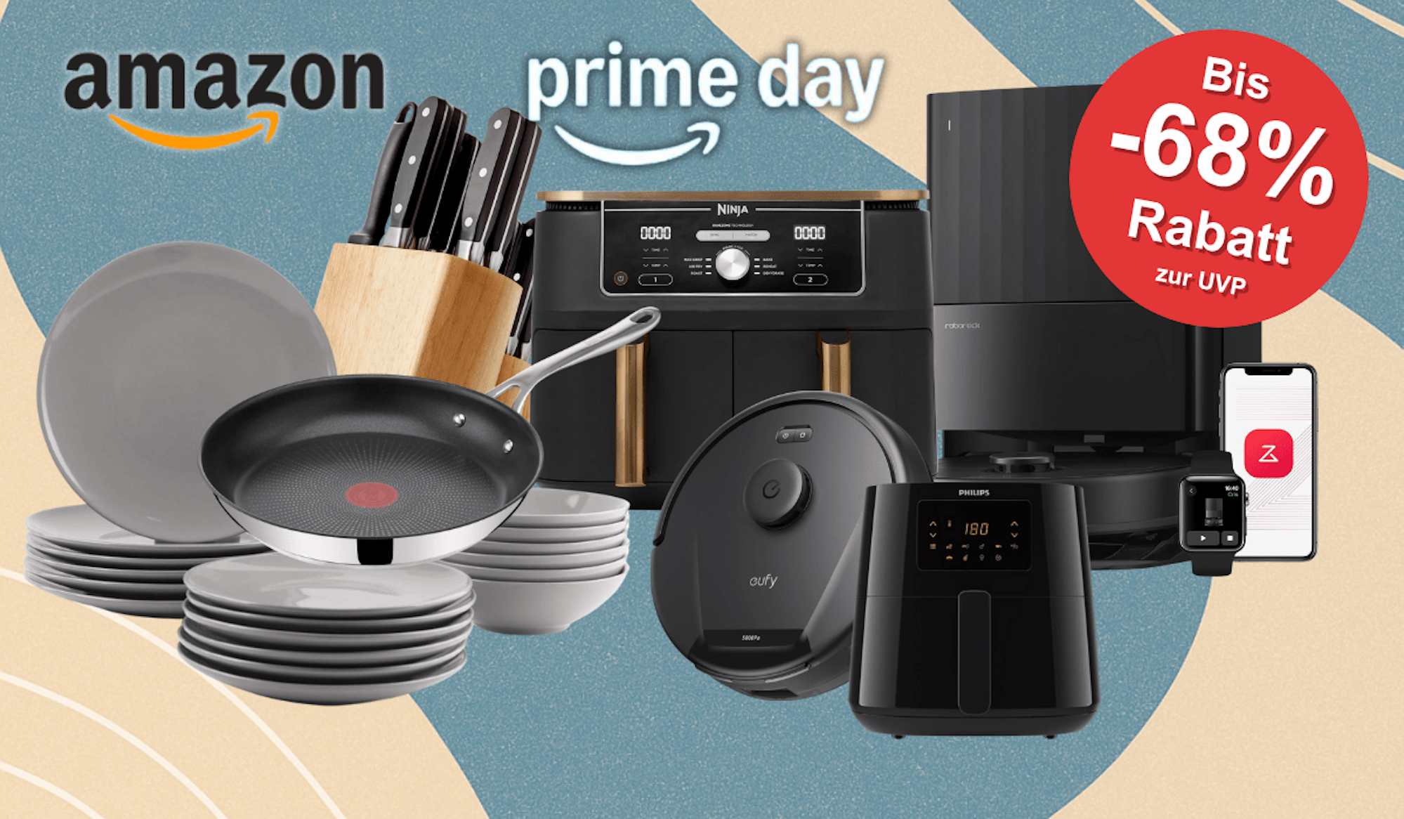 Verschiedene Küchen- und Haushaltsartikel wie Tefal Pfannen, WMF Topf, Ninja Airfryer, roborock Staubroboter und mehr sind vor einem Hintergrund angeordnet.