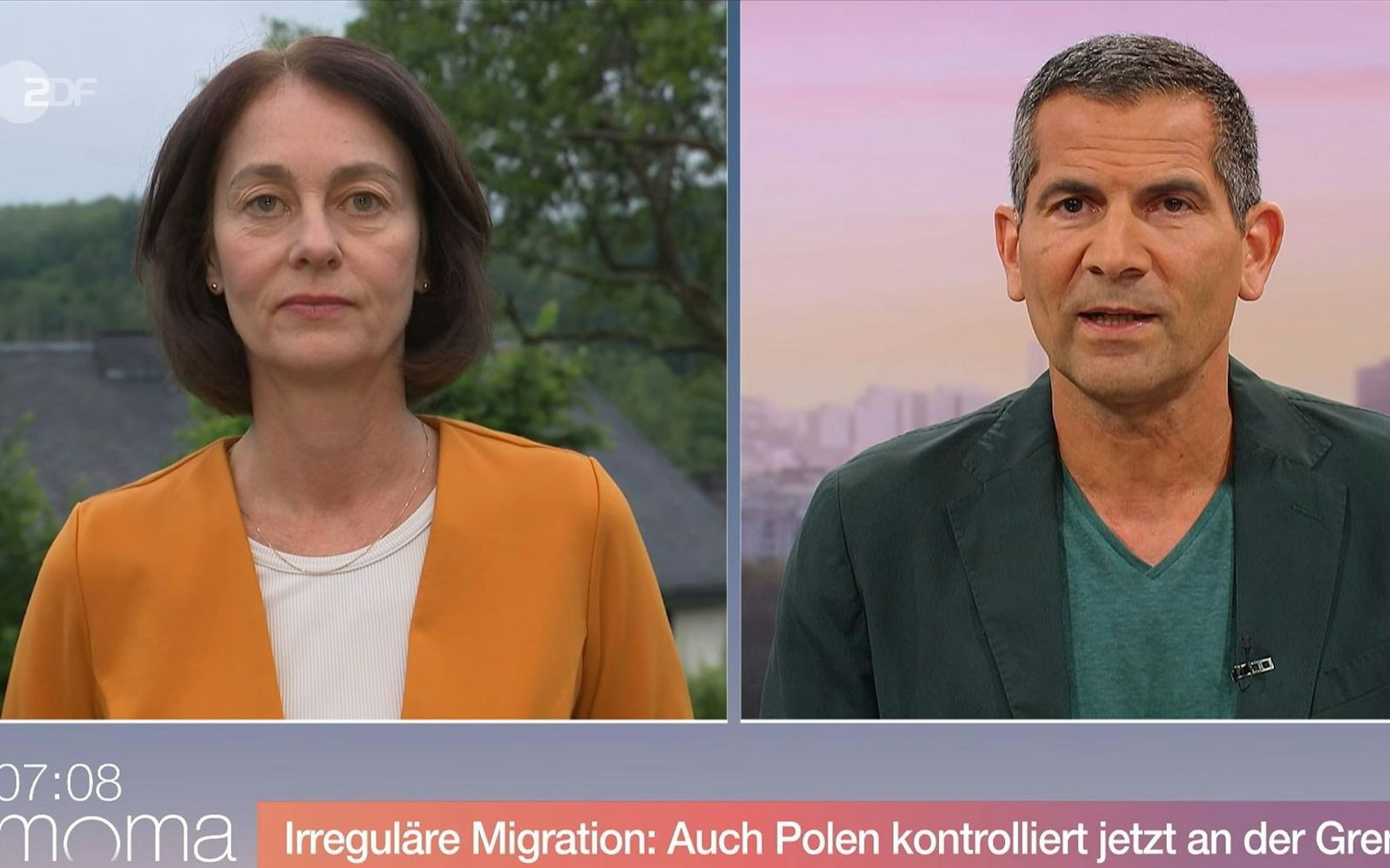 Katarina Barley stellte sich im ZDF-“Morgenmagazin“ den Fragen von Moderator Mitri Sirin. (Bild: ZDF)