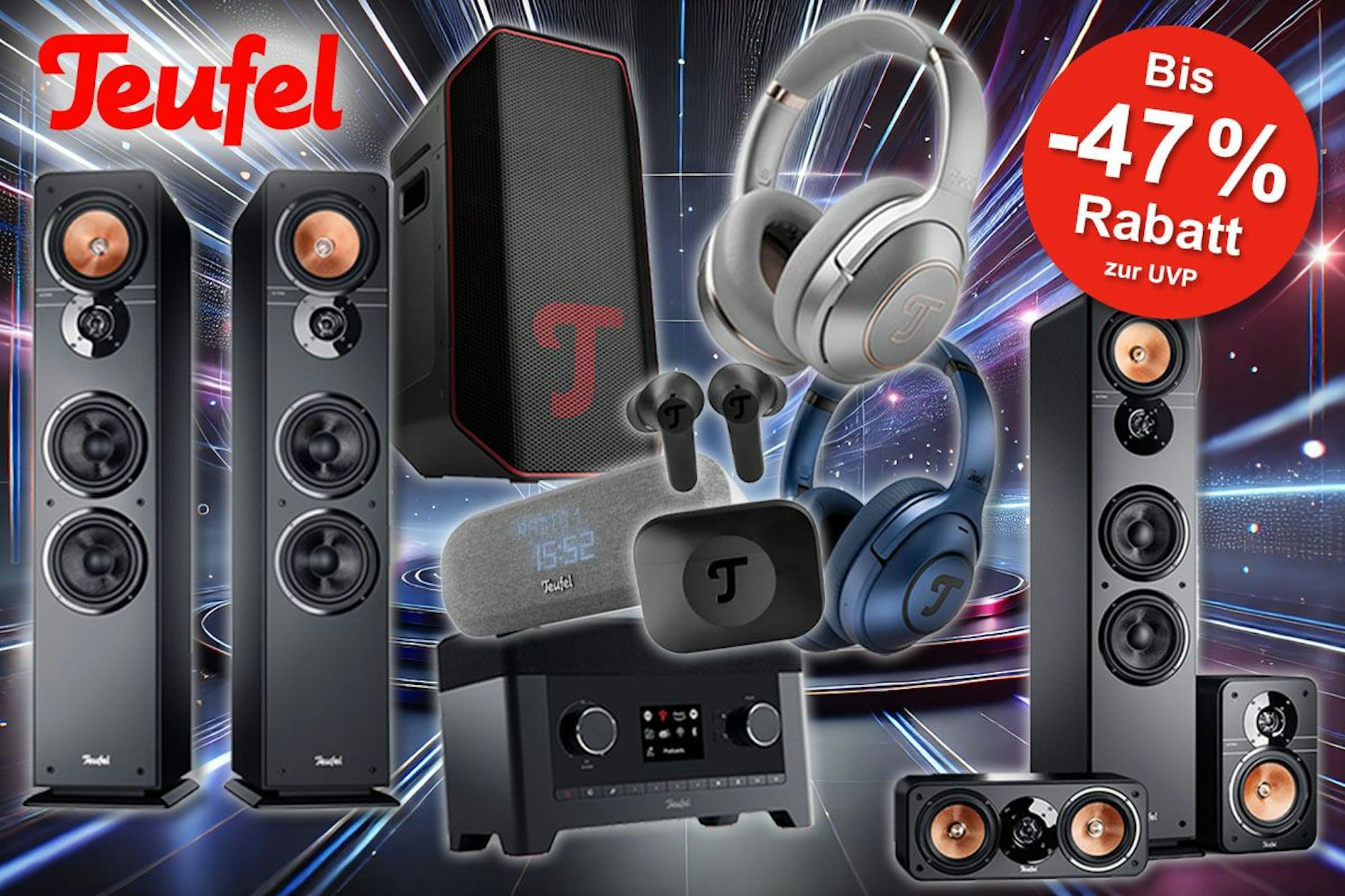 Teufel Audio Produkte wie Bluetooth Kopfhörer, Lautsprecher Sets, Bluetooth Speaker, In-Ear Kopfhörer, Radio vor einem bunten, futuristischen Hintergrund mit vielen Lichtstrahlen.