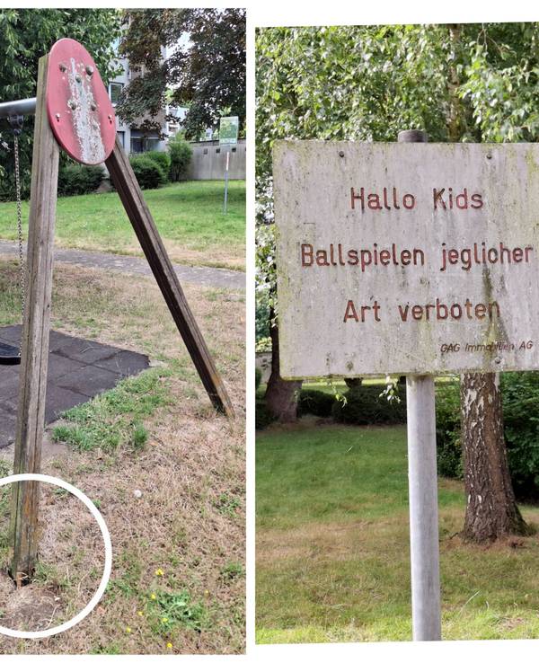 Dieser Spielplatz ist nicht nur marode: Unter anderem ist der Standfuß der Schaukel aus Holz angefault. Zudem gilt hier ein Ballspiel-Verbot.