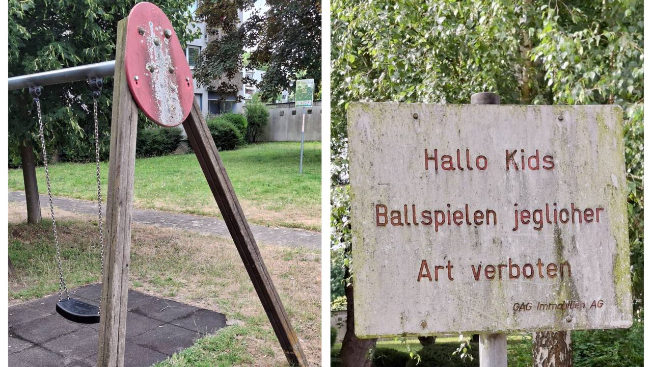 Dieser Spielplatz ist nicht nur marode: Unter anderem ist der Standfuß der Schaukel aus Holz angefault. Zudem gilt hier ein Ballspiel-Verbot.
