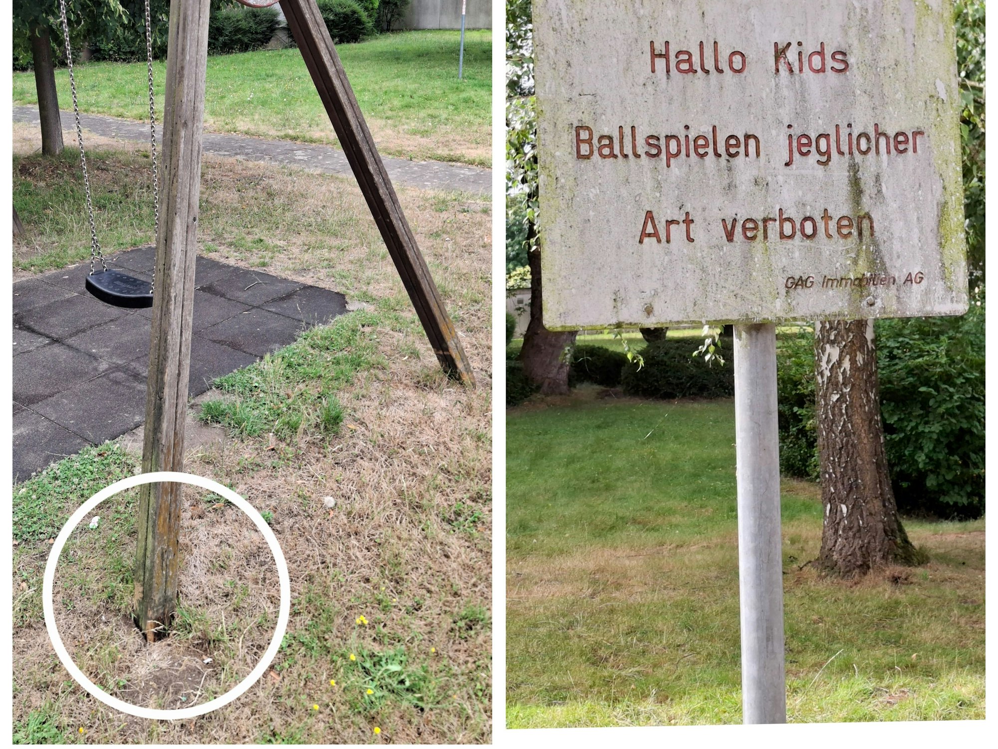 Dieser Spielplatz ist nicht nur marode: Unter anderem ist der Standfuß der Schaukel aus Holz angefault. Zudem gilt hier ein Ballspiel-Verbot.