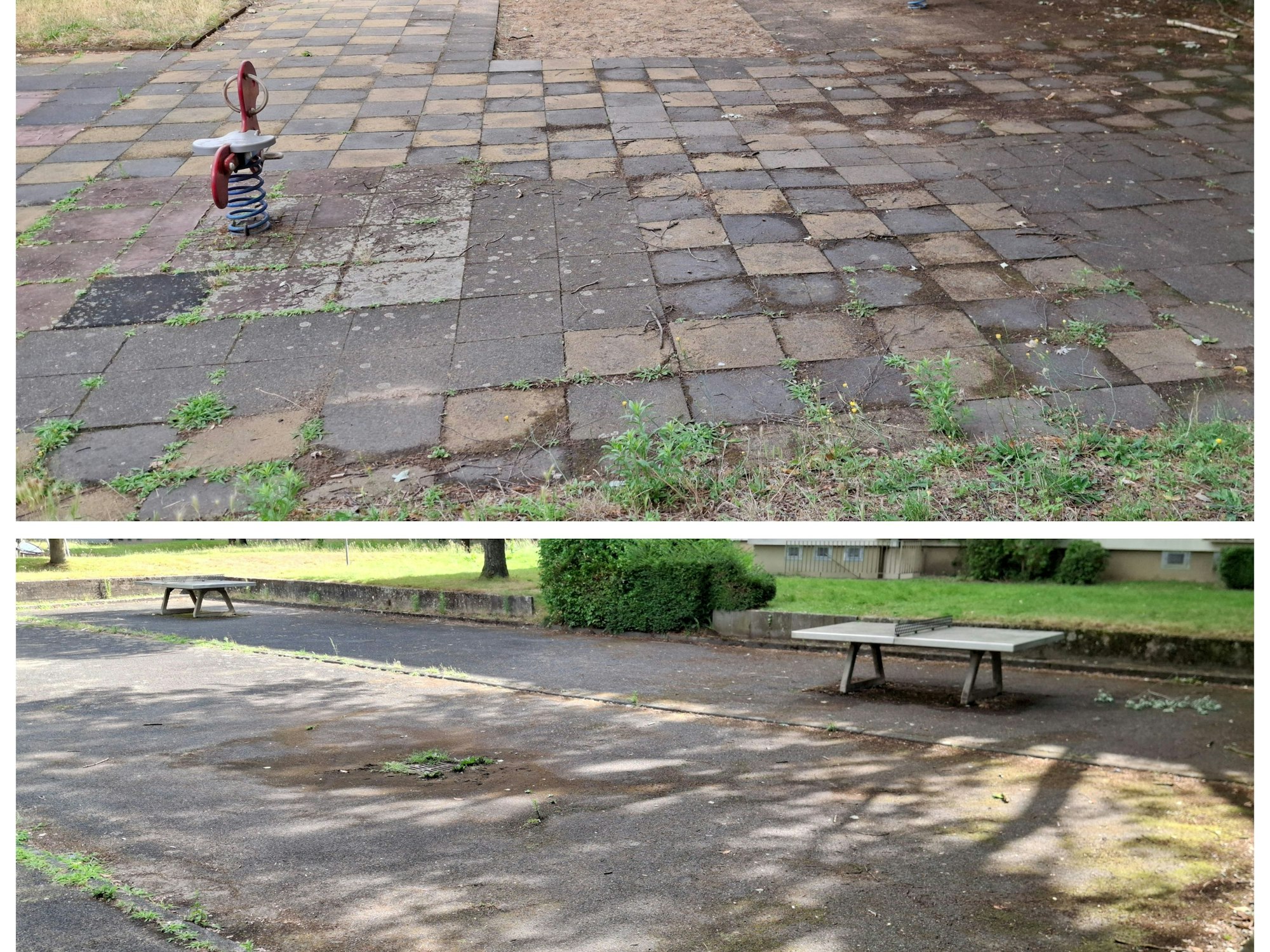 Das Schaukelpferd steht einsam auf dem Spielplatz – die Tischtennisplatte ist vermoost.