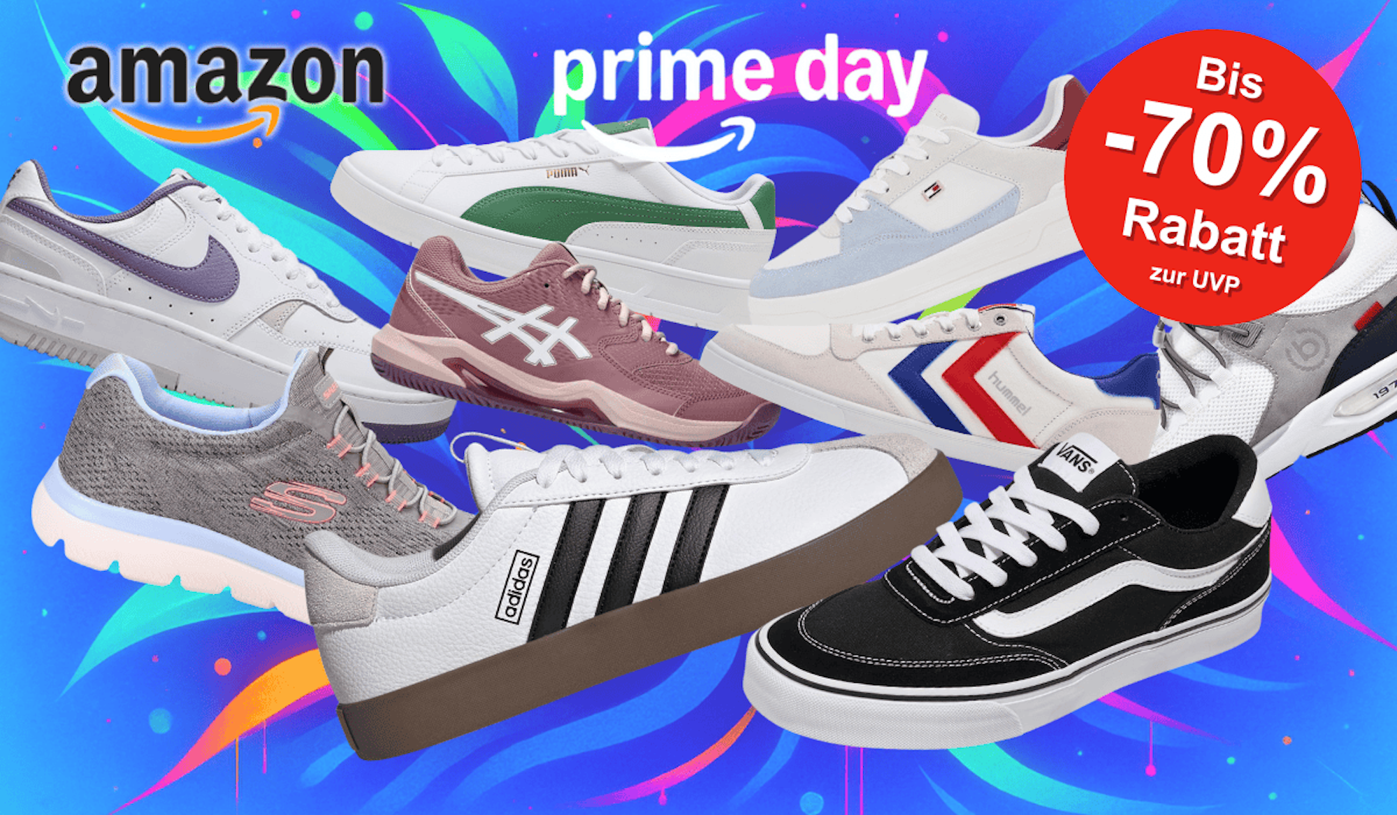 Darstellung verschiedener Sneaker Modelle vor einem blauen Hintergrund mit Neonfarben.