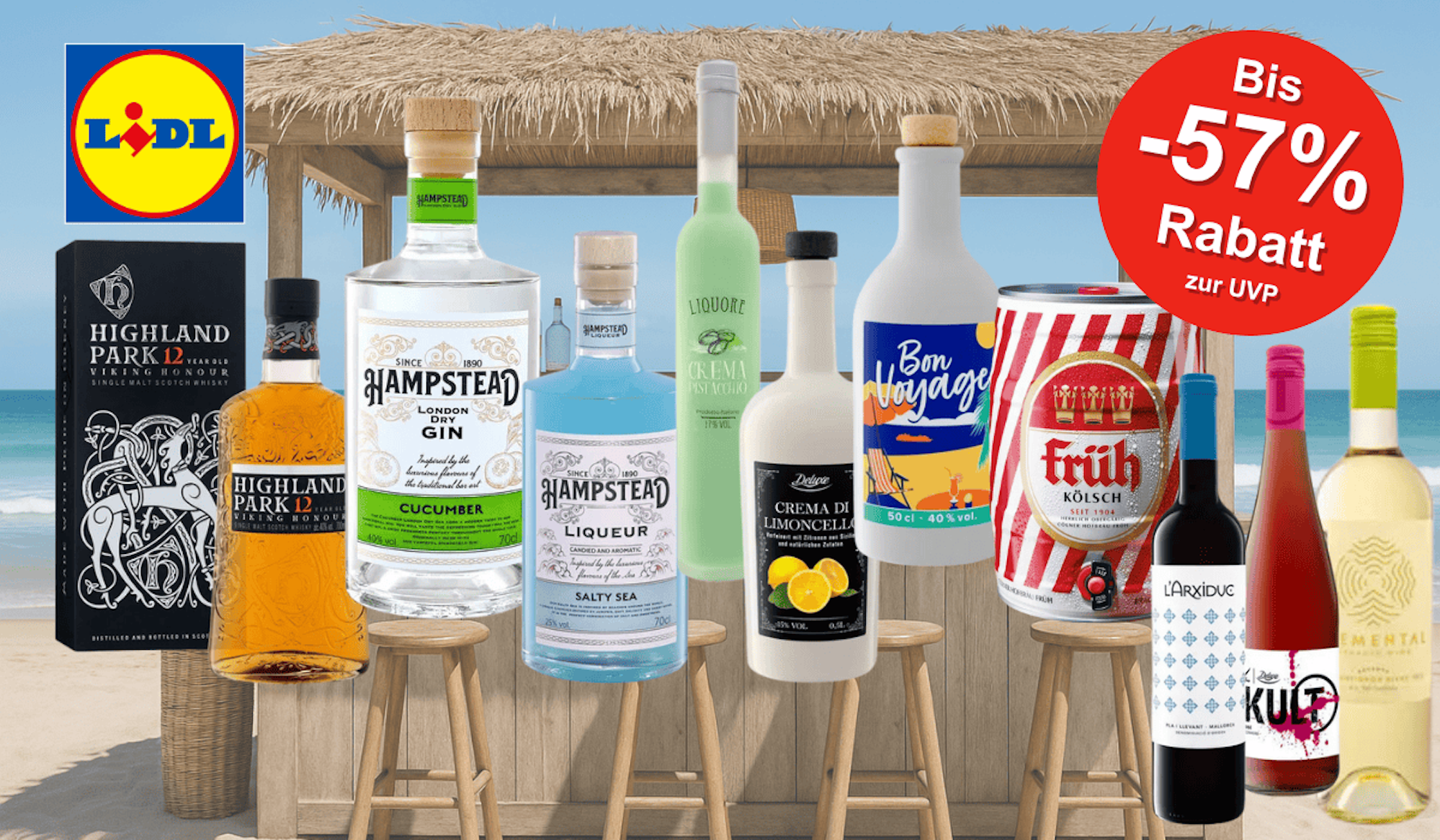 Darstellung verschiedener alkoholischer Getränke wie Wein, Bier, Gin und mehr vor einem Hintergrund, der eine Strandbar zeigt.