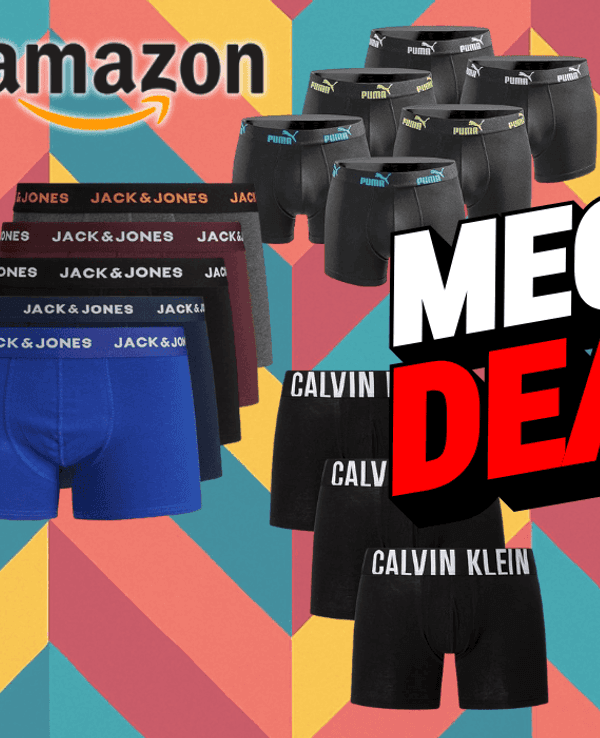 Darstellung verschiedener Boxershorts vor einem gemusterten Hintergrund mit Schriftzug Mega Deal