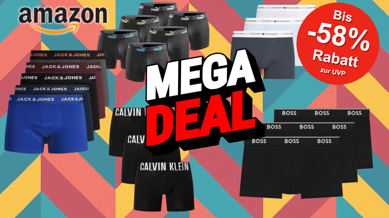 Darstellung verschiedener Boxershorts vor einem gemusterten Hintergrund mit Schriftzug Mega Deal