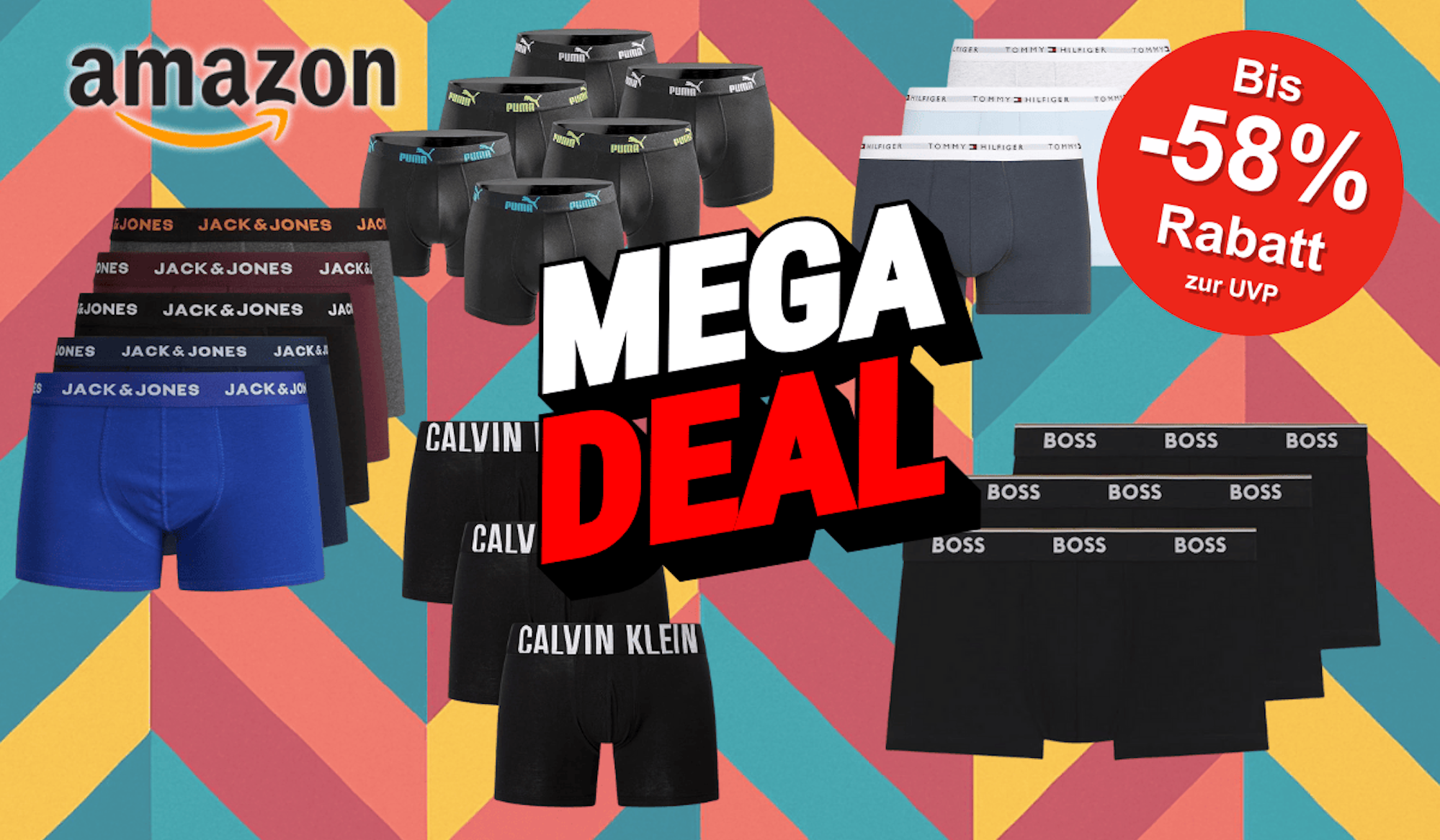 Darstellung verschiedener Boxershorts vor einem gemusterten Hintergrund mit Schriftzug Mega Deal