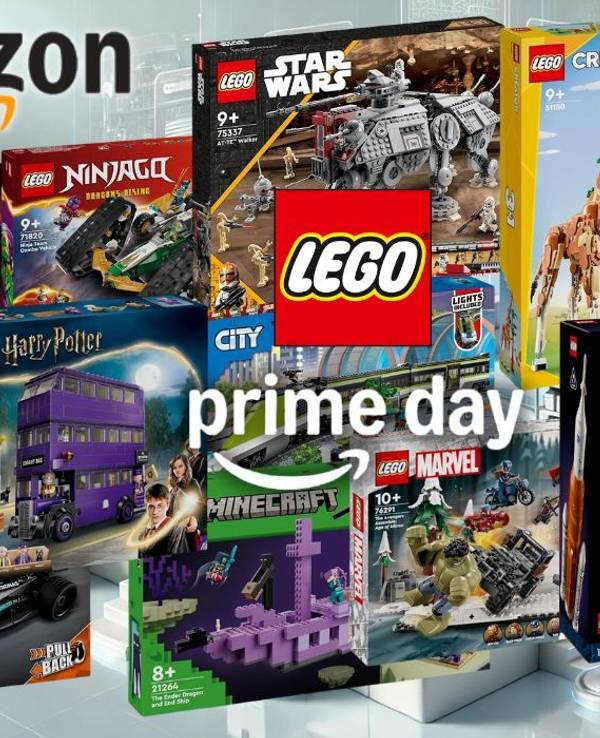 Prime Day Logo vor vielen Produktkartons von Lego Sets aus den unterschiedlichsten Themenwelten wie Star Wars, City, Marvel und mehr.