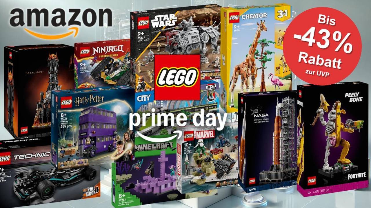 Prime Day Logo vor vielen Produktkartons von Lego Sets aus den unterschiedlichsten Themenwelten wie Star Wars, City, Marvel und mehr.