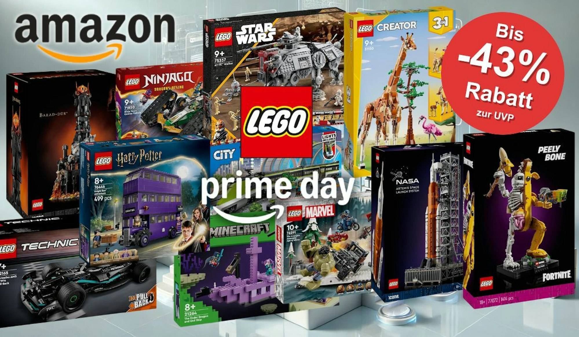 Prime Day Logo vor vielen Produktkartons von Lego Sets aus den unterschiedlichsten Themenwelten wie Star Wars, City, Marvel und mehr.
