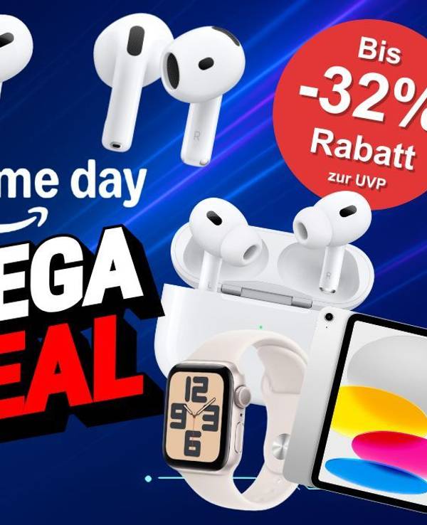 Apple AirPods Pro 2, AirPods 4, AirTag, iPad, Apple Watch vor einem dunklen Hintergrund und den Worten Mega Deal in der Mitte.