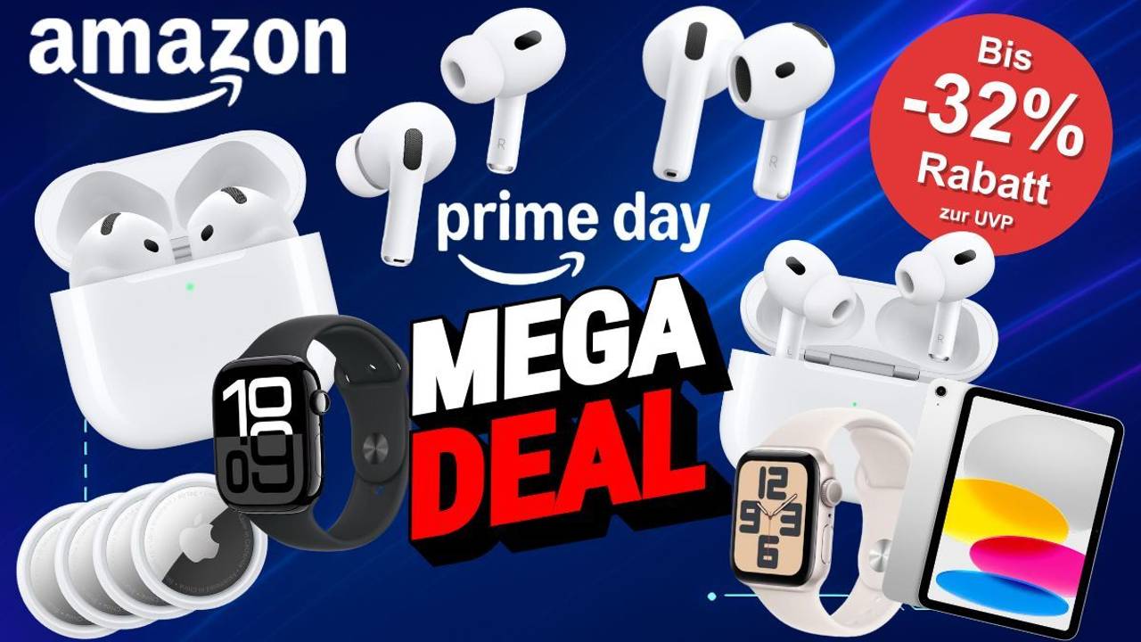 Apple AirPods Pro 2, AirPods 4, AirTag, iPad, Apple Watch vor einem dunklen Hintergrund und den Worten Mega Deal in der Mitte.