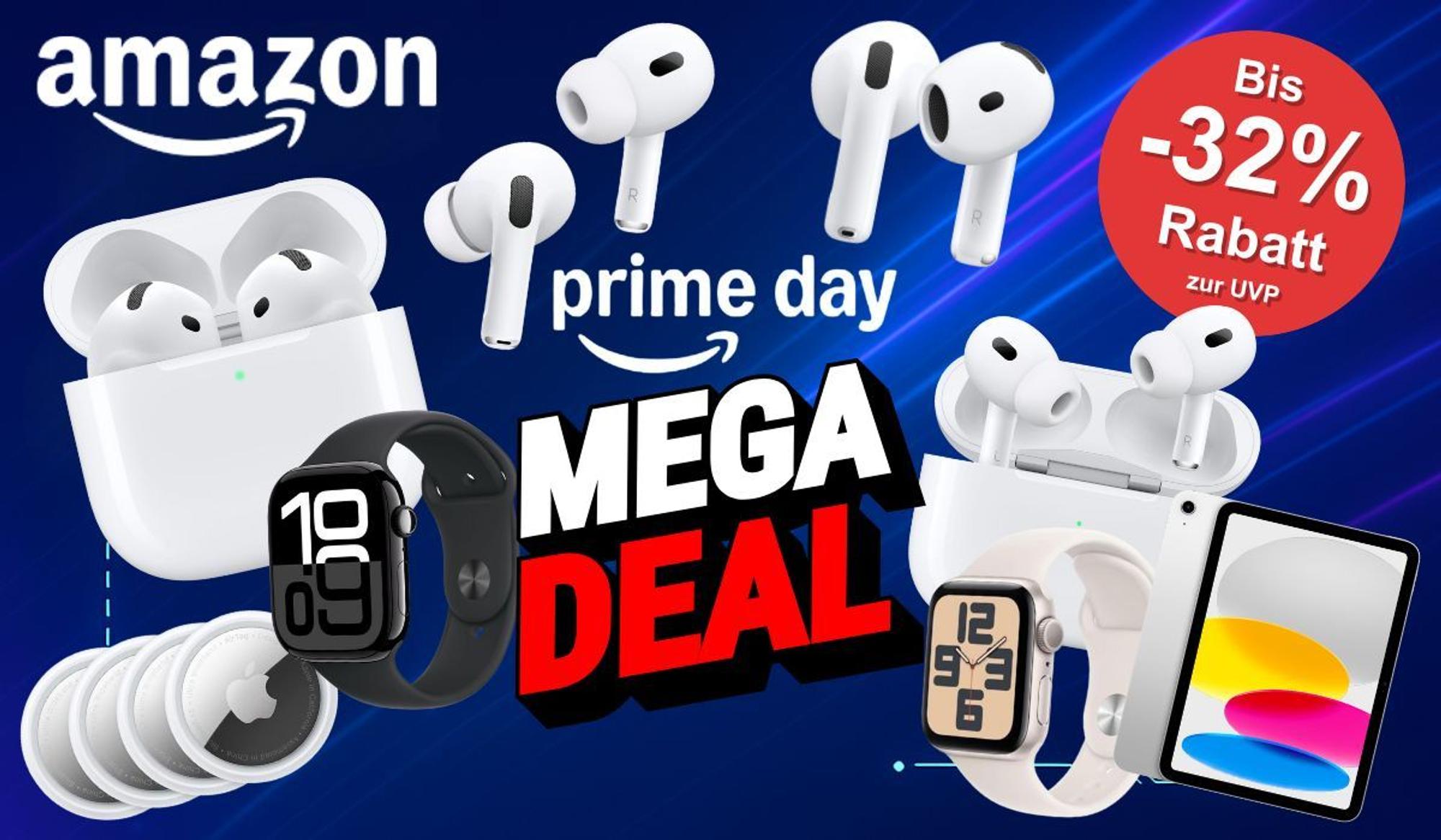 Apple AirPods Pro 2, AirPods 4, AirTag, iPad, Apple Watch vor einem dunklen Hintergrund und den Worten Mega Deal in der Mitte.