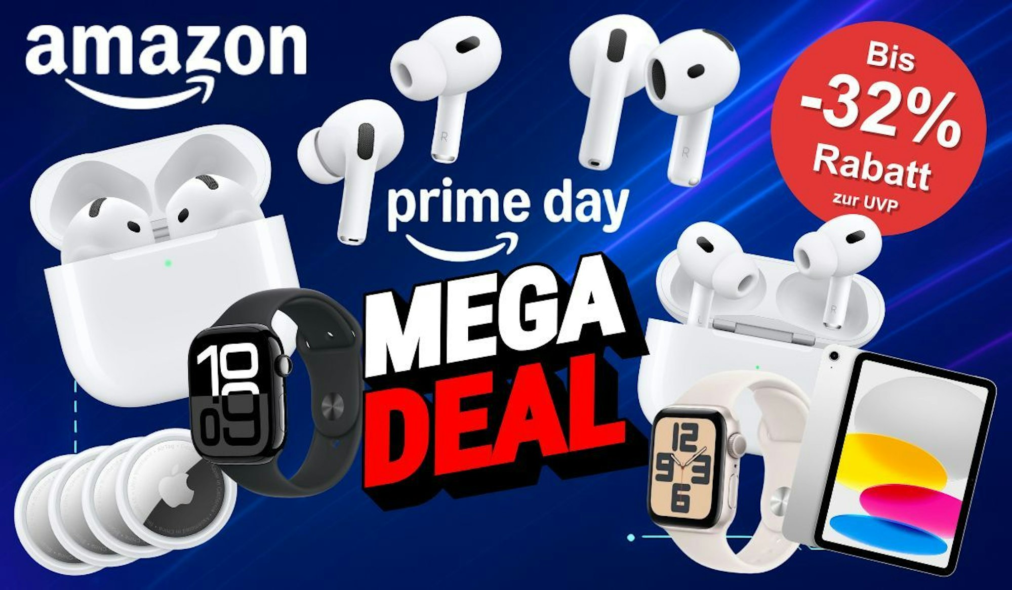 Apple AirPods Pro 2, AirPods 4, AirTag, iPad, Apple Watch vor einem dunklen Hintergrund und den Worten Mega Deal in der Mitte.