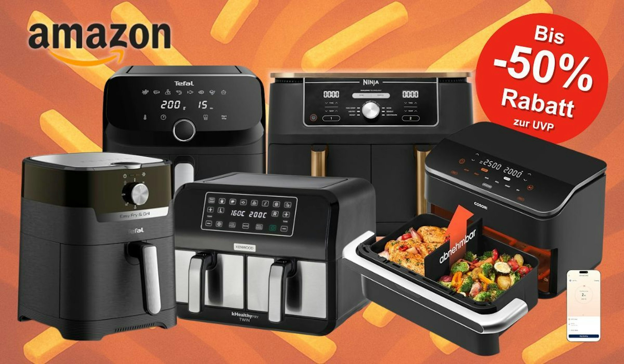 Auf dem Bild sind viele unterschiedliche Airfryer Modelle diverser Marken abgebildet.
