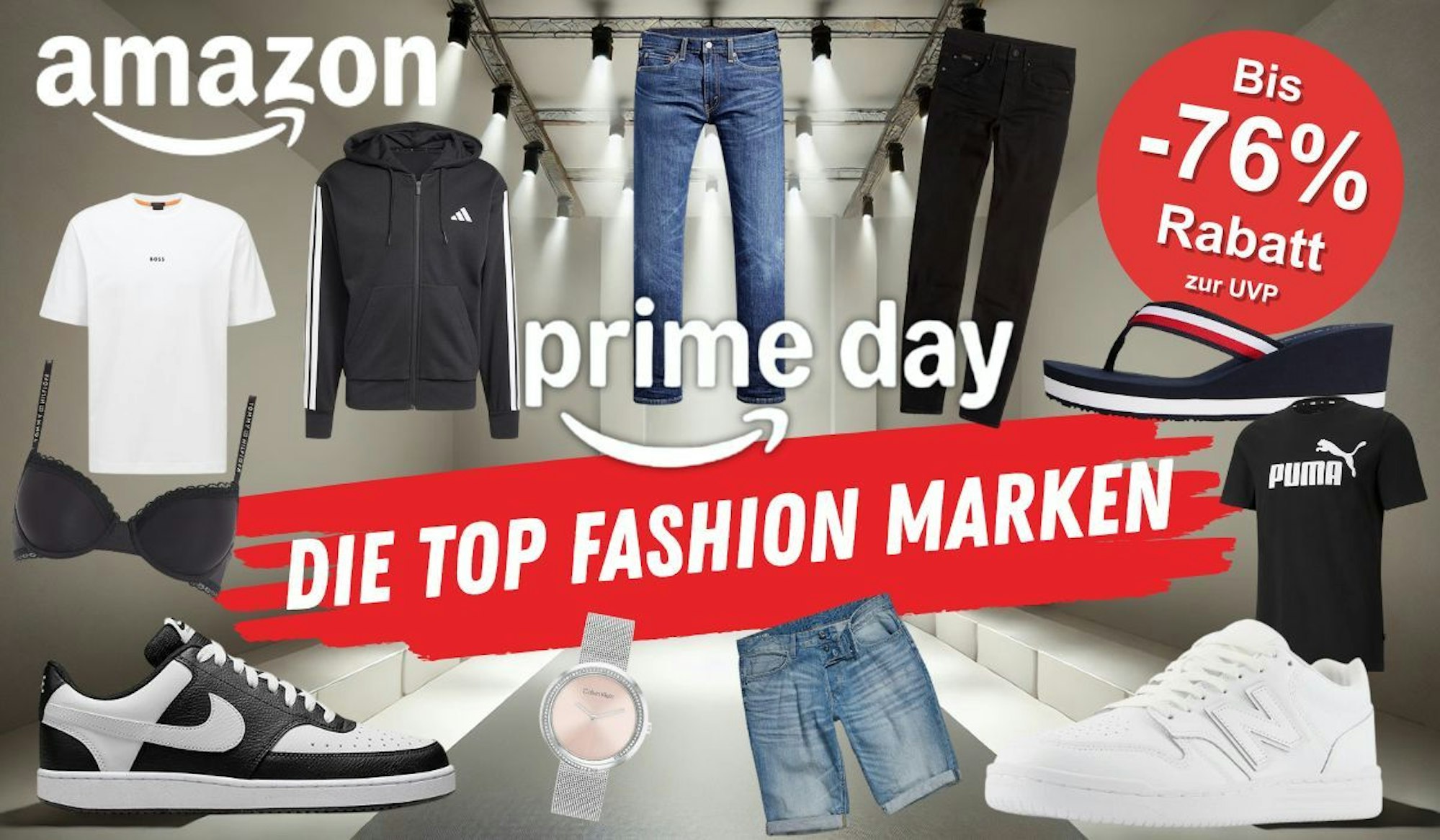 Mode und Schuhe zum Prime Day von Marken wie Nike, New Balance, Puma, Levi's, Hugo Boss, Tommy Hilfiger, Adidas vor einem Catwalk mit Scheinwerfern von einer Modenschau im Hintergrund.
