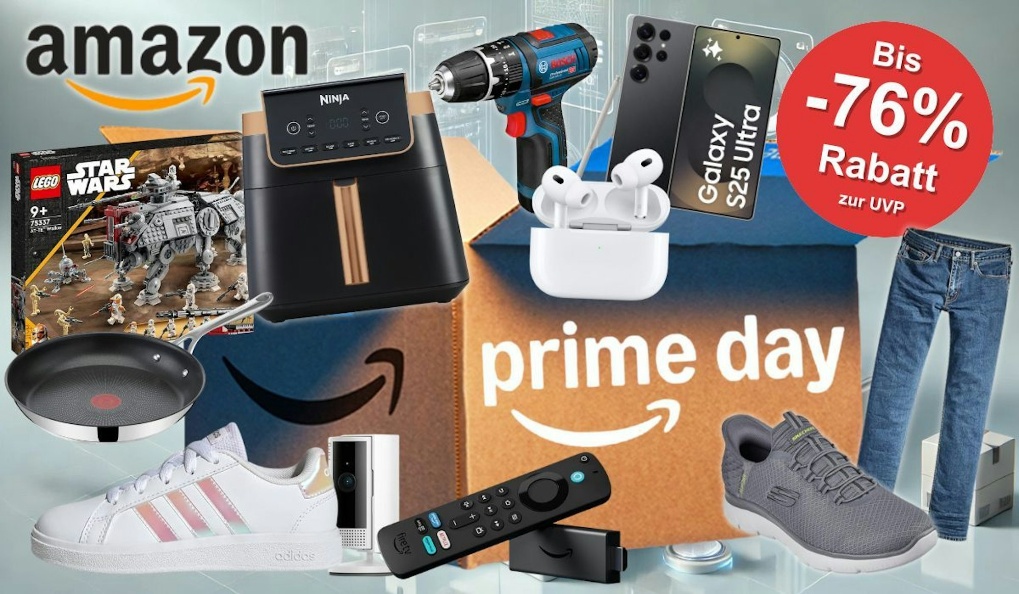 Ein großes Amazon Prime Paket mit Prime Day Aufdruck vor einem hellen Hintergrund, davor viele Produkte von Marken wie Adidas, Bosch Professional, Lego, Apple, Cosori, Samsung oder Tefal.