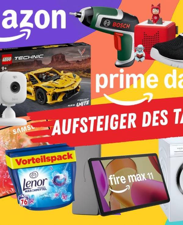 Produkte aus verschiedenen Kategorien wie Baumarkt, Spielzeug und Technik und Haushalt vor einem bunten Hintergrund mit Logo Prime Day Aufsteiger des Tages bei Amazon.