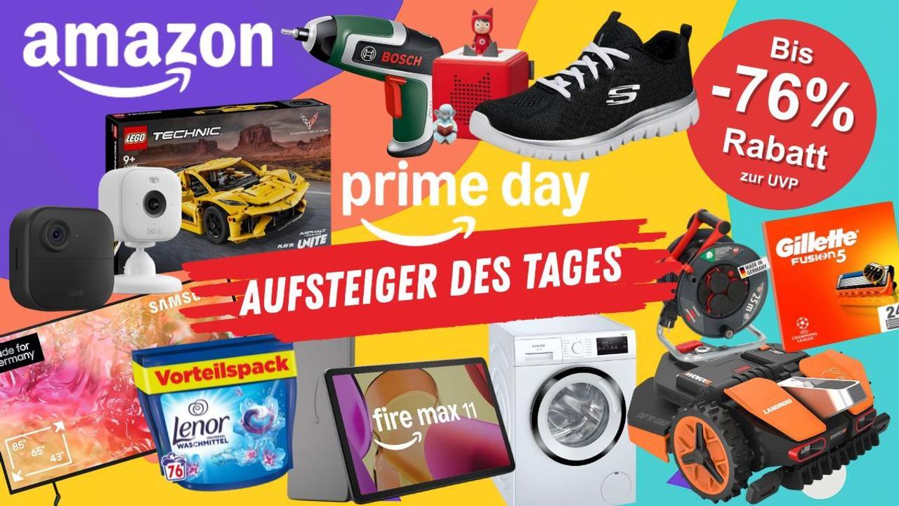 Produkte aus verschiedenen Kategorien wie Baumarkt, Spielzeug und Technik und Haushalt vor einem bunten Hintergrund mit Logo Prime Day Aufsteiger des Tages bei Amazon.
