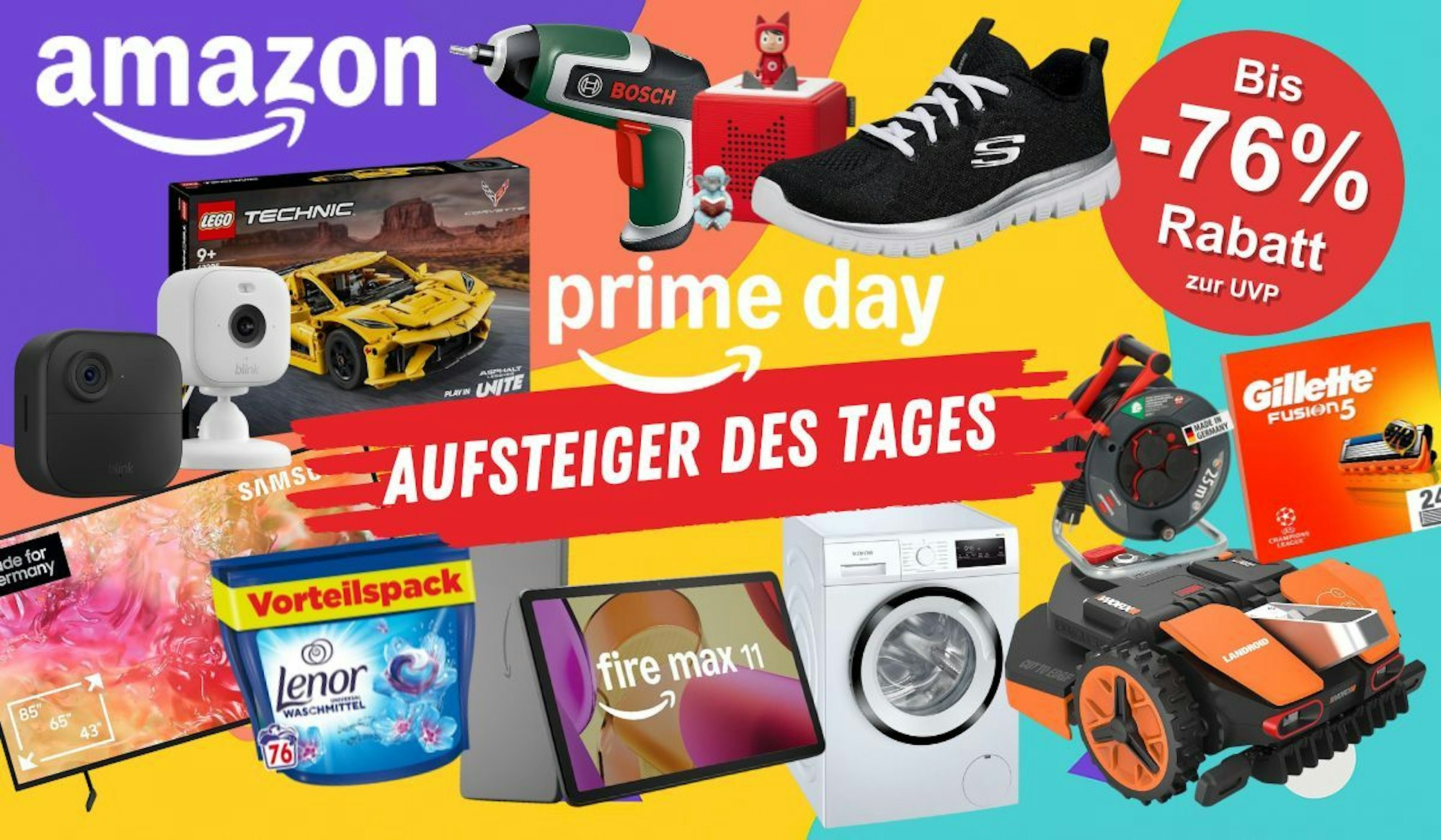 Produkte aus verschiedenen Kategorien wie Baumarkt, Spielzeug und Technik und Haushalt vor einem bunten Hintergrund mit Logo Prime Day Aufsteiger des Tages bei Amazon.