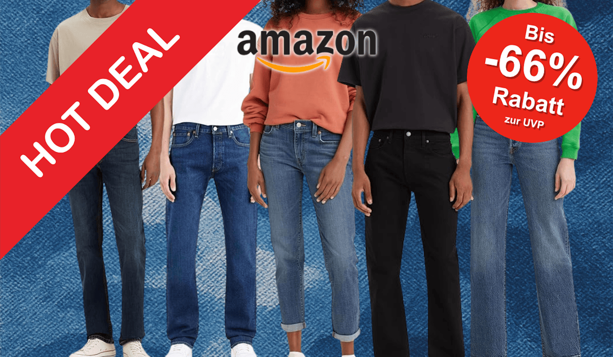 Darstellung verschiedener Levi's Jeans Modelle vor einem Hintergrund in Denim Style.