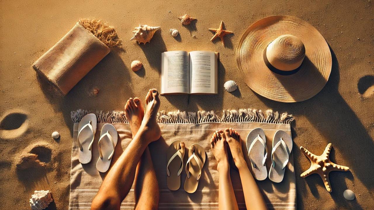 Die Füße zweier Personen, die am Strand auf einem Badetuch sitzen.