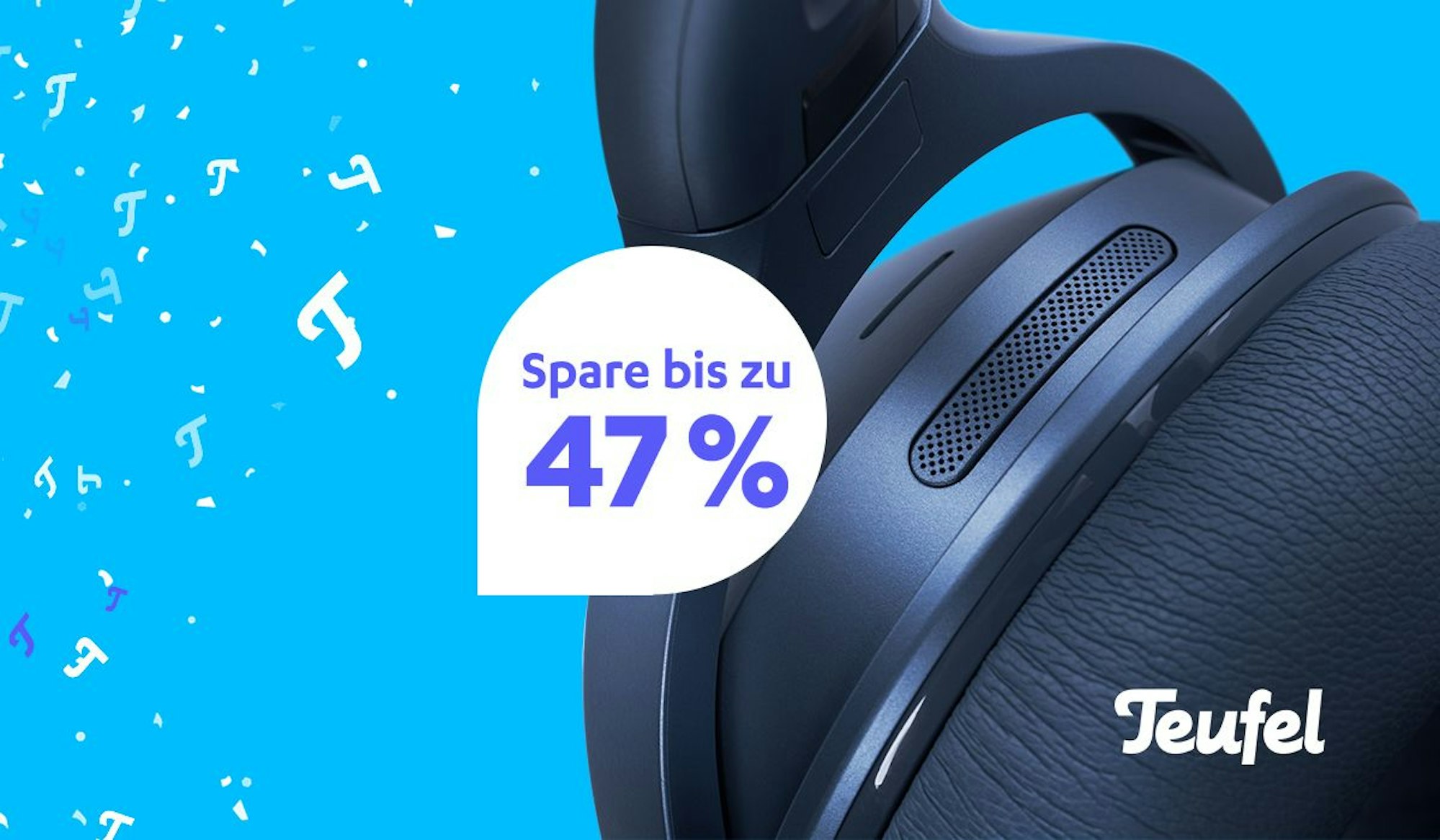 Teufel Audio Produkt Bluetooth Kopfhörer vor blauem Hintergrund und Teufel-Logo.