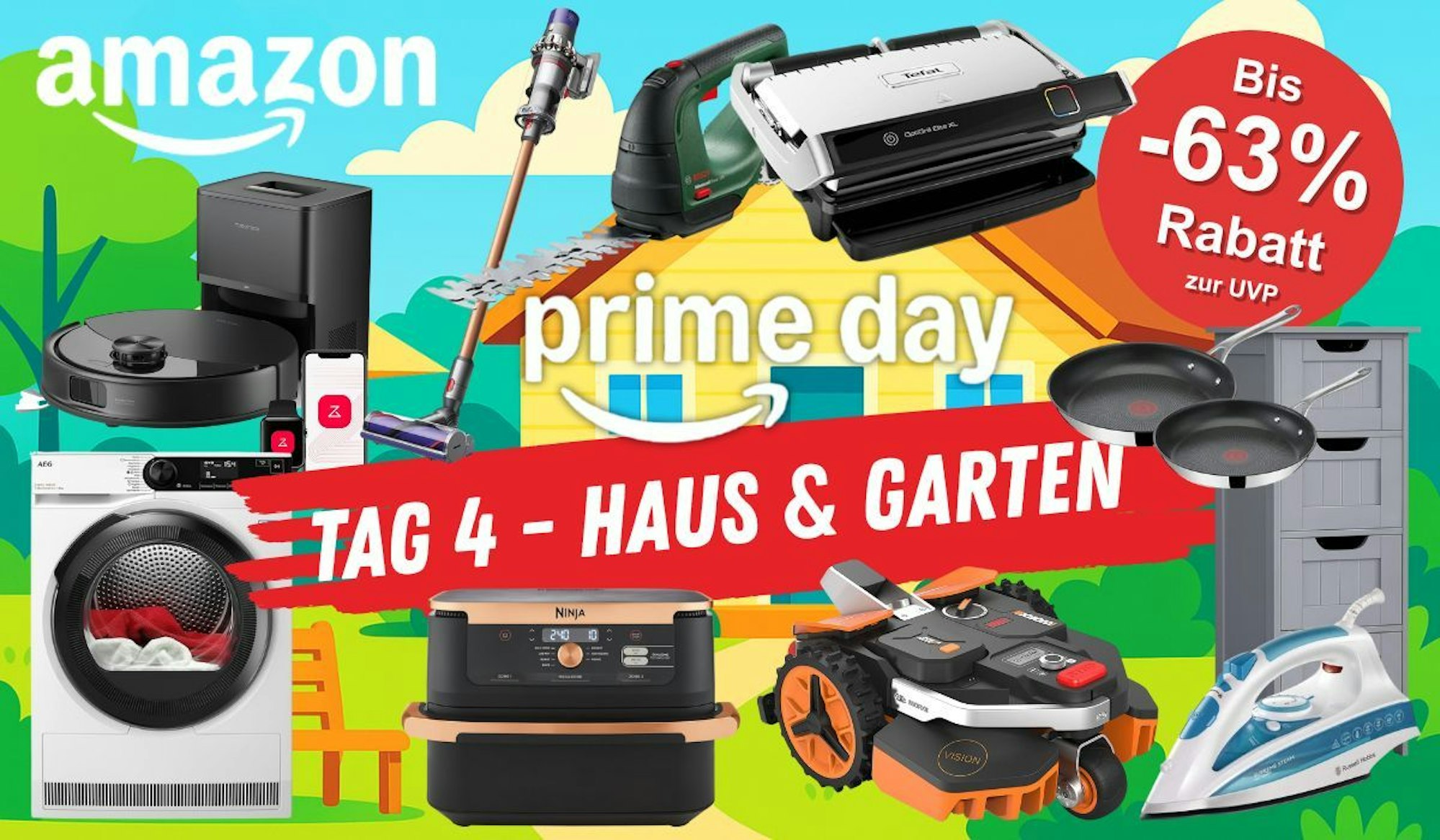 Staubsauger, MĂ€hroboter, HeiĂluftfritteusen Waschmaschine, BĂŒgeleisen, Stabstaubsauger, Saugroboter, Jamie Oliver Pfannen mit Prime Day Logo. Vor einem Haus mit Garten im Comicstil.