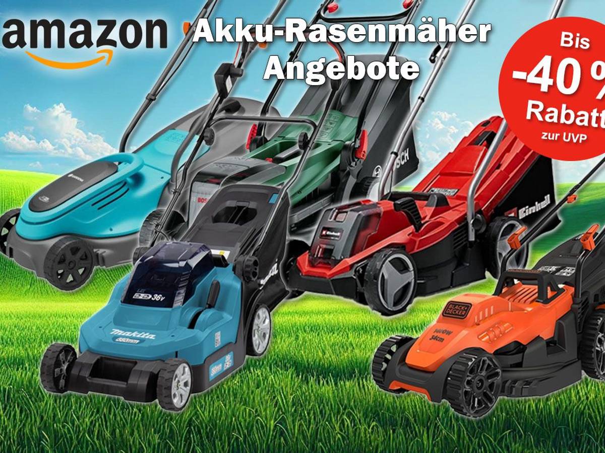 Akku Rasenmäher verschiedener bekannter Marken. Mit dabei Modelle von Bosch, Makita, Gardena, Einhell, Worx vor einem Hintergrund mit einem grünen Rasen unter blauem Himmel.