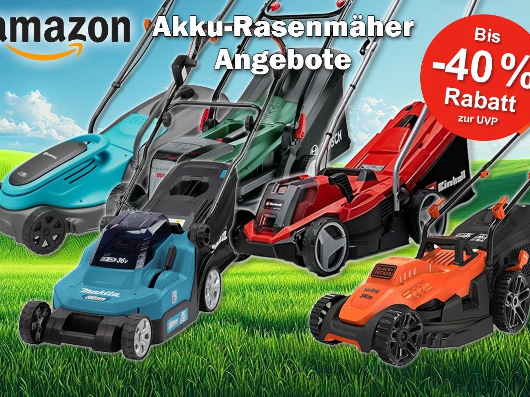 Akku Rasenmäher verschiedener bekannter Marken. Mit dabei Modelle von Bosch, Makita, Gardena, Einhell, Worx vor einem Hintergrund mit einem grünen Rasen unter blauem Himmel.
