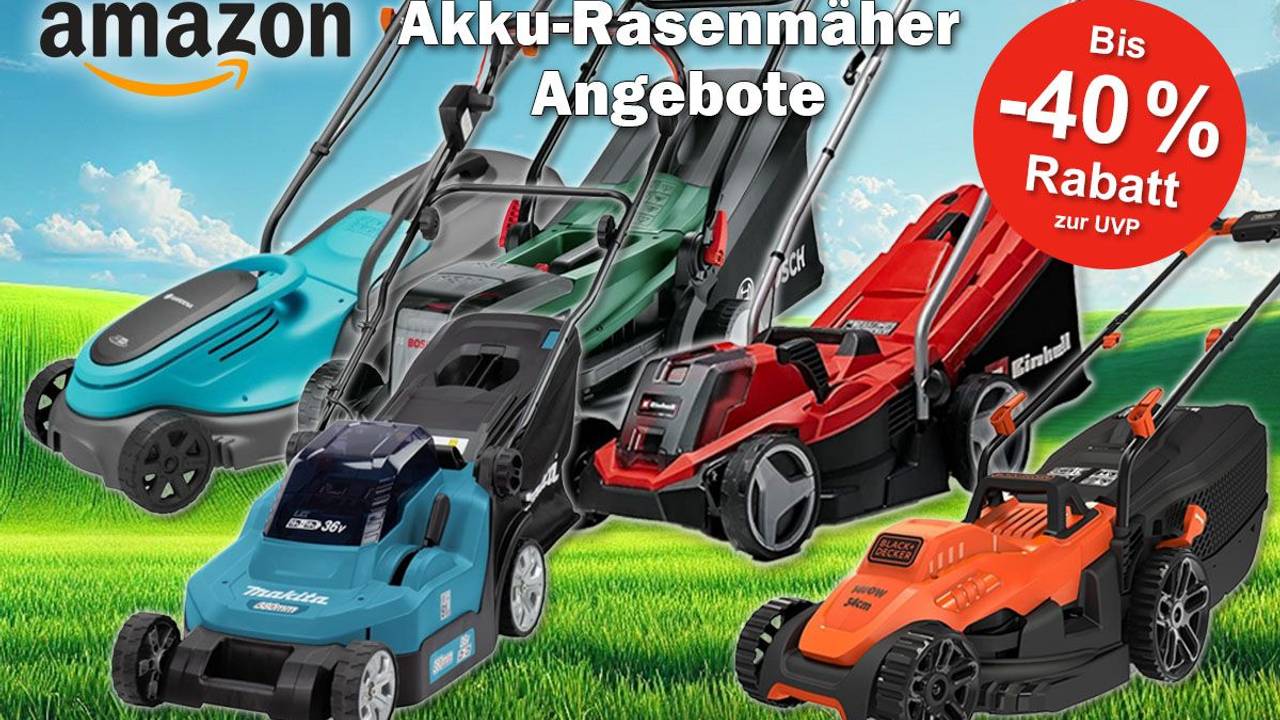 Akku Rasenmäher verschiedener bekannter Marken. Mit dabei Modelle von Bosch, Makita, Gardena, Einhell, Worx vor einem Hintergrund mit einem grünen Rasen unter blauem Himmel.