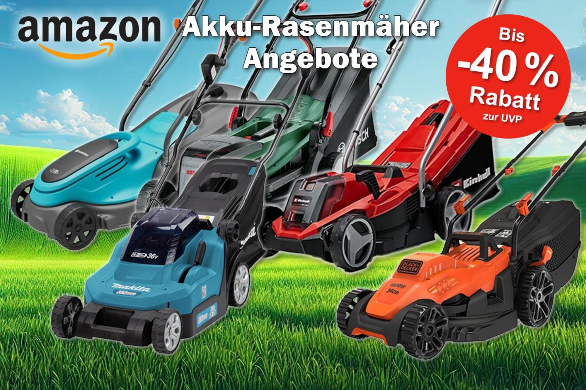 Akku Rasenmäher verschiedener bekannter Marken. Mit dabei Modelle von Bosch, Makita, Gardena, Einhell, Worx vor einem Hintergrund mit einem grünen Rasen unter blauem Himmel.