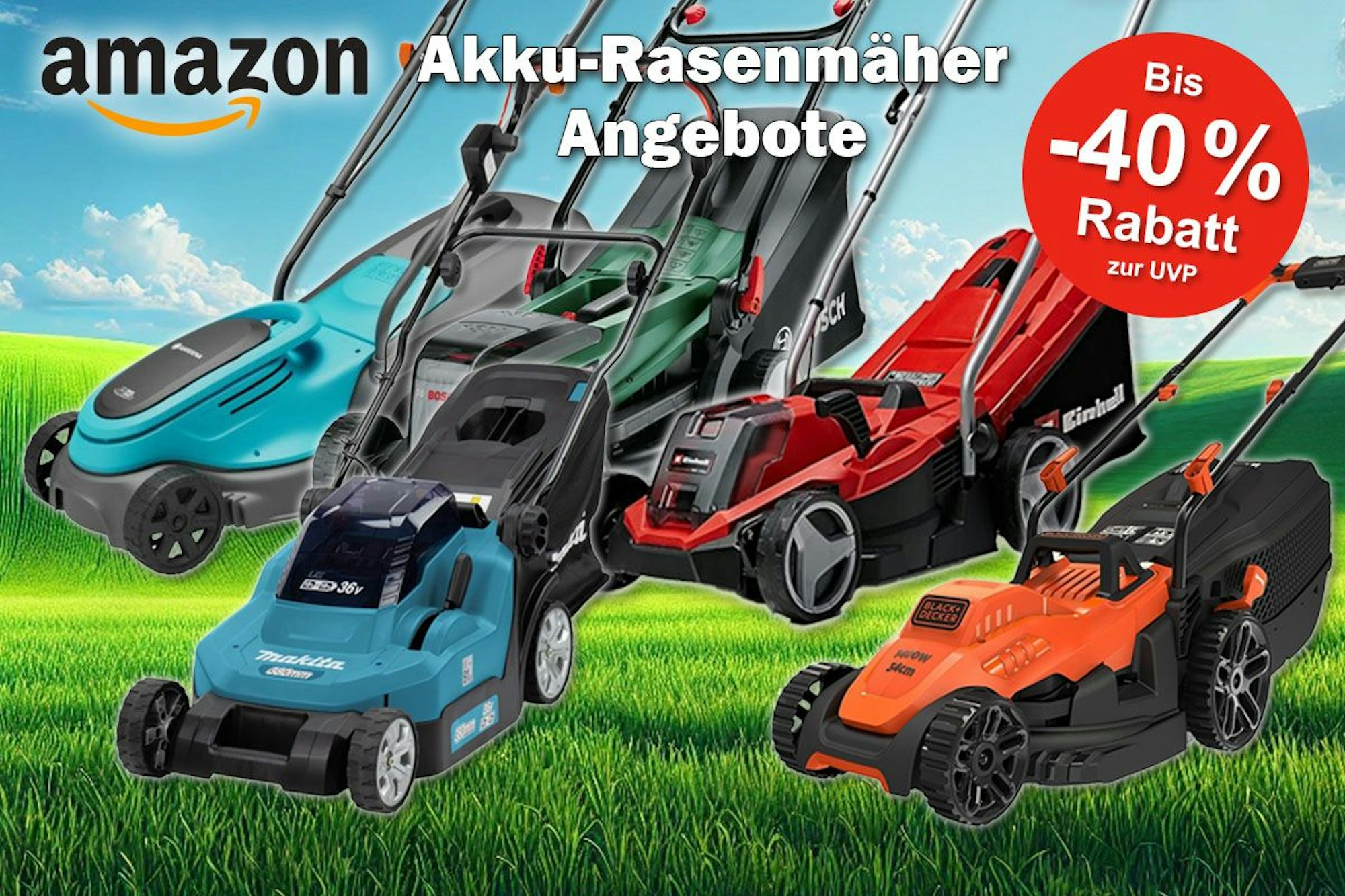 Akku Rasenmäher verschiedener bekannter Marken. Mit dabei Modelle von Bosch, Makita, Gardena, Einhell, Worx vor einem Hintergrund mit einem grünen Rasen unter blauem Himmel.