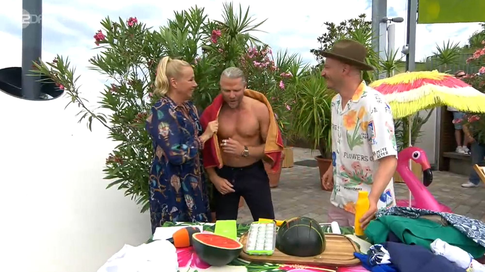 Andrea Kiewel, Paul Janke und Malte Kaltenbrink im ZDF-Fernsehgarten am 13. Juli 2025