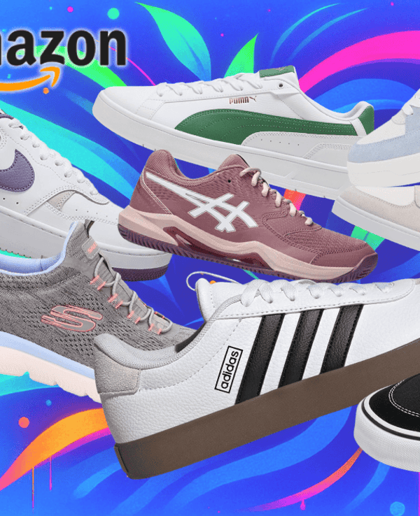 Darstellung verschiedener Sneaker Modelle vor einem blauen Hintergrund mit Neonfarben