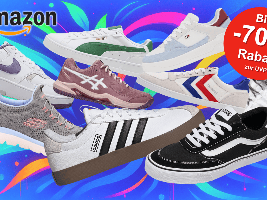 Darstellung verschiedener Sneaker Modelle vor einem blauen Hintergrund mit Neonfarben