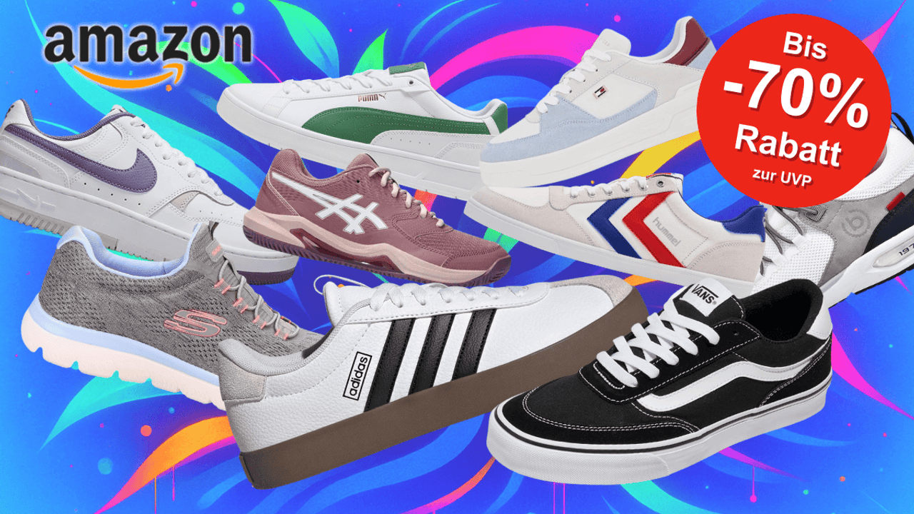 Darstellung verschiedener Sneaker Modelle vor einem blauen Hintergrund mit Neonfarben