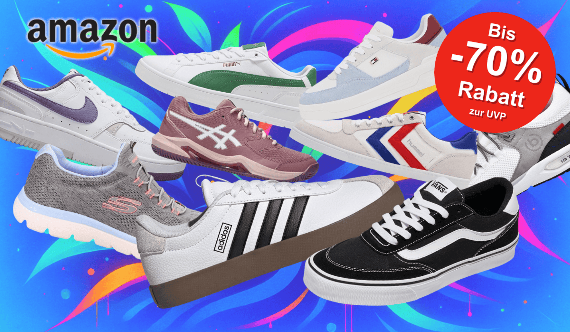 Darstellung verschiedener Sneaker Modelle vor einem blauen Hintergrund mit Neonfarben