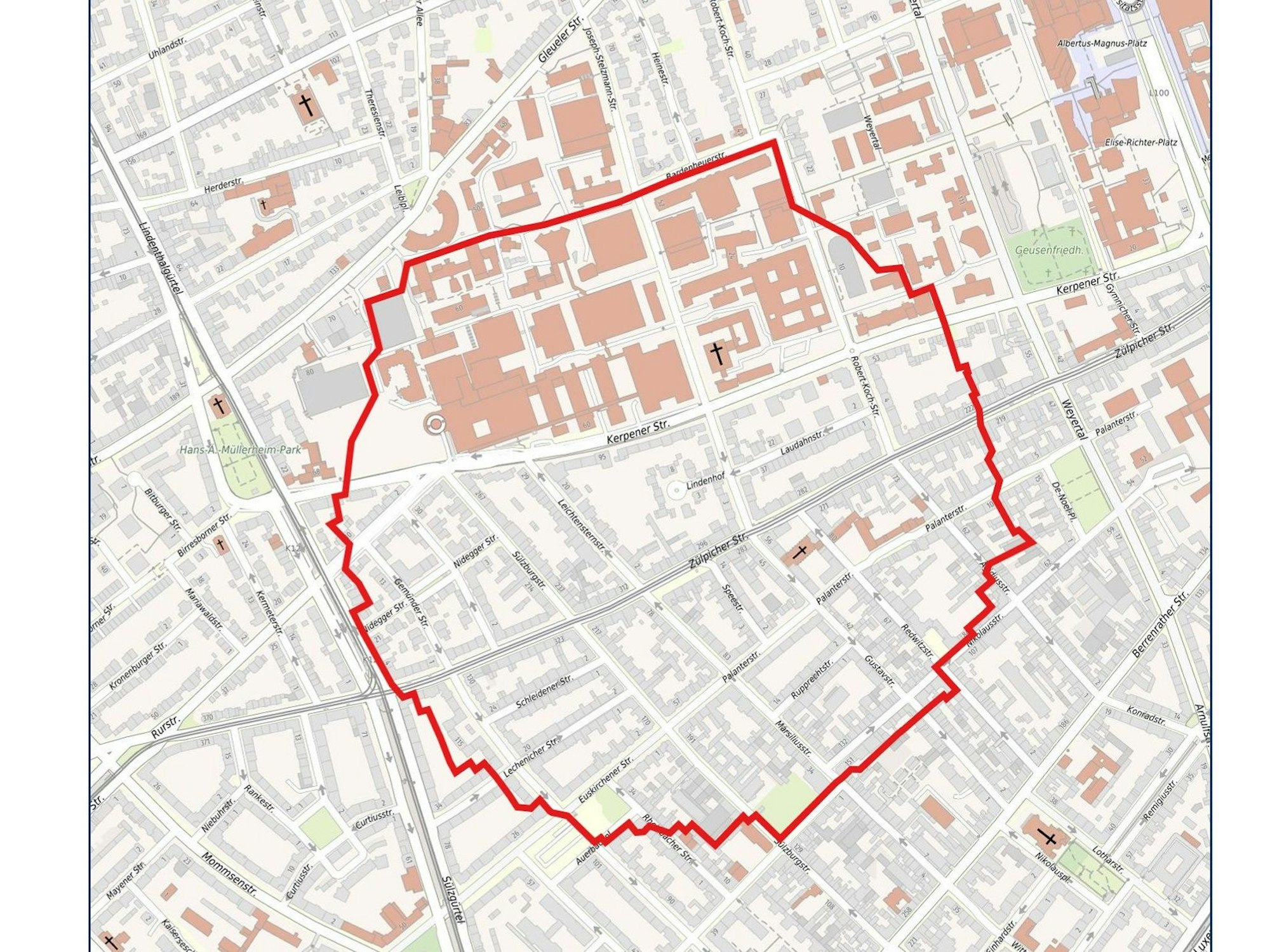 Auf einem Stadtplan ist ein Bereich umrandet.