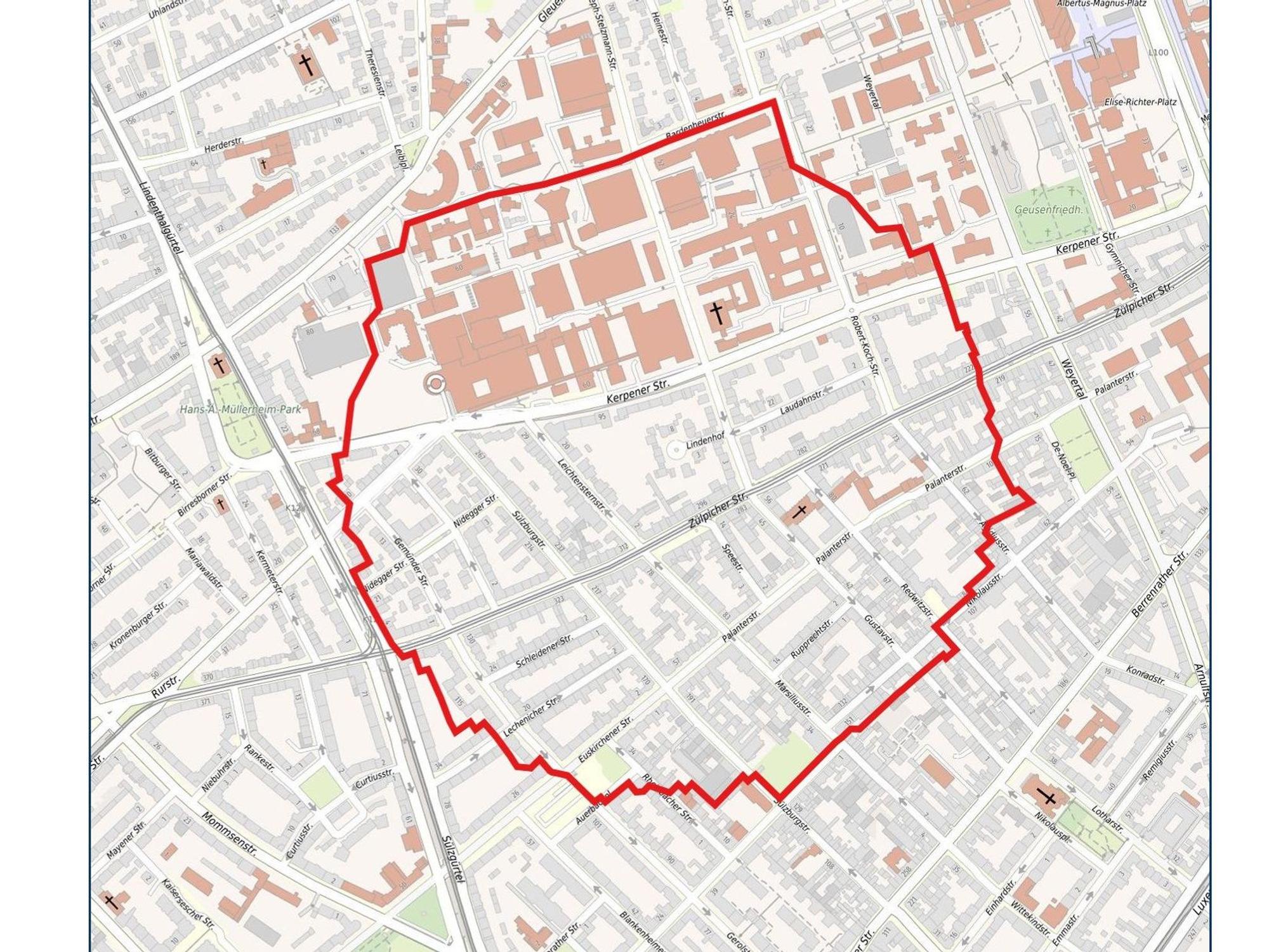 In diesem Bereich wird in Köln-Lindenthal evakuiert. Auch die Uniklinik ist betroffen.