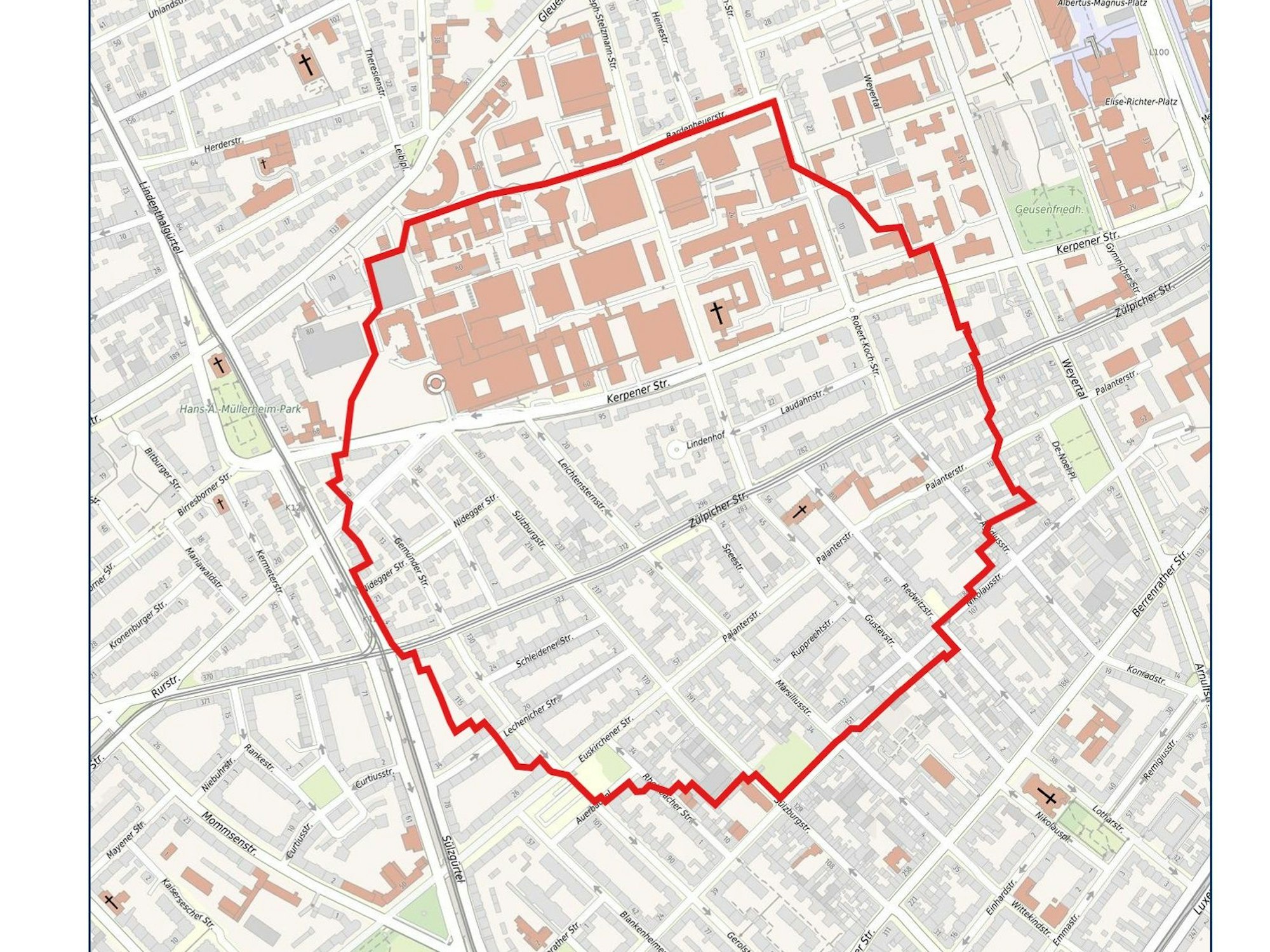 In diesem Bereich wird in Köln-Lindenthal evakuiert. Auch die Uniklinik ist betroffen.